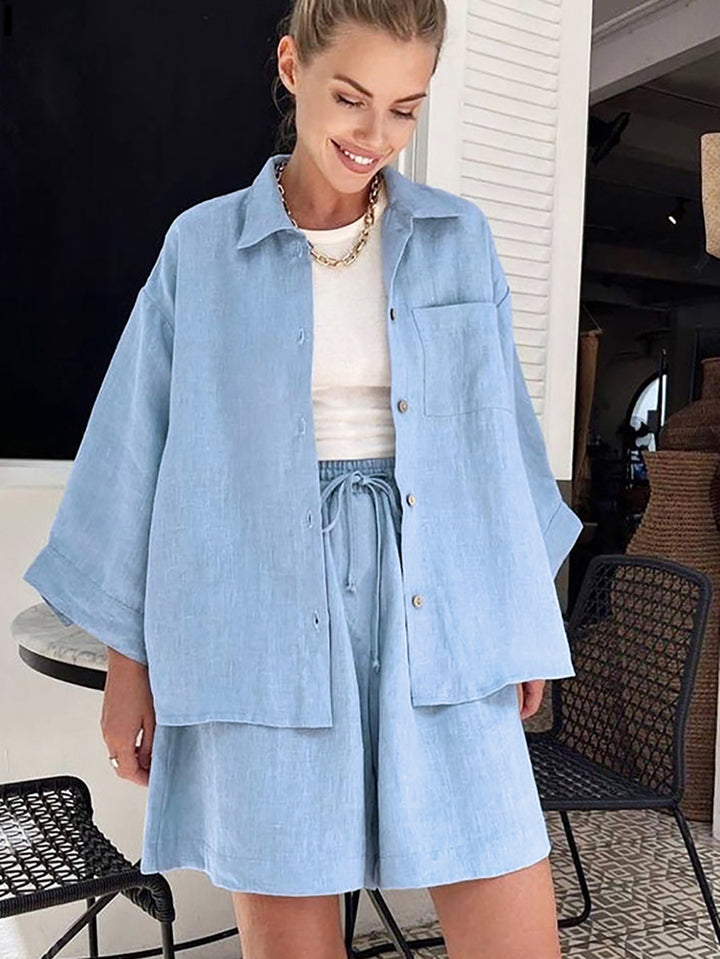 Women's Fashion Casual Loose-fitting Solid Color Long Sleeves Shorts Suit-Suits & Sets-Zishirts