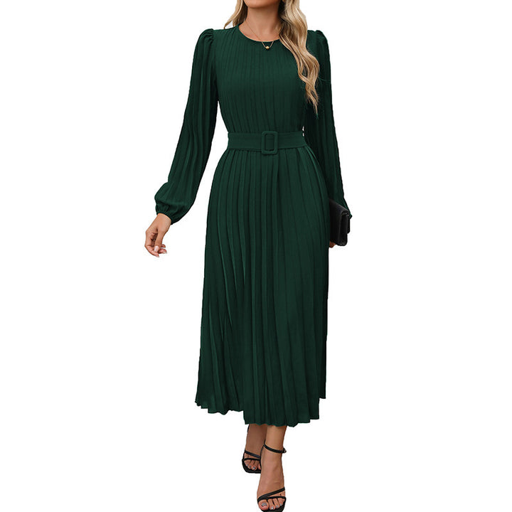 Women's Dress Long Sleeve Pleated Round Neck-Lady Dresses-Zishirts