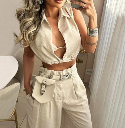 Solid Color Lapel Sexy Sleeveless Top Casual Pants Set-Women's Outerwear 2023-Zishirts