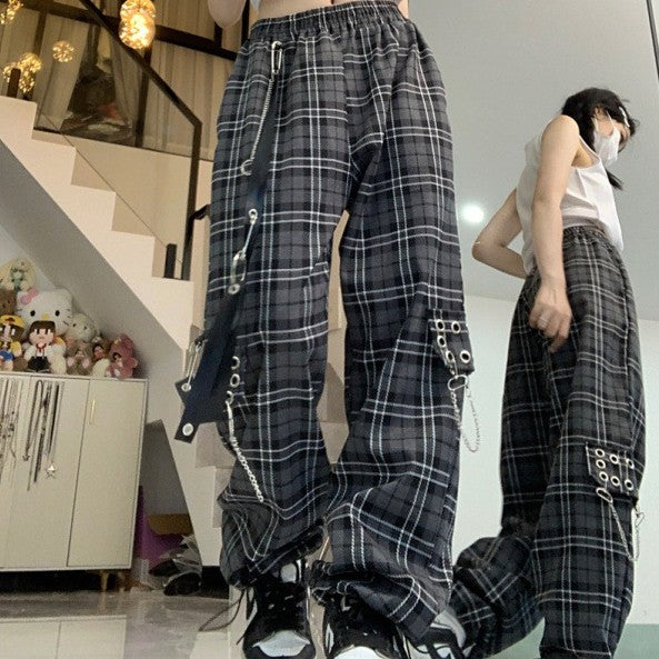 Loose Plaid Ankle-tied Casual Wide-leg Pants-Suits & Sets-Zishirts