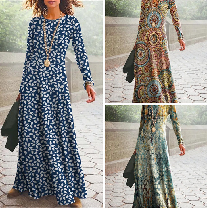 Women's Cotton Printed Round Neck Wide Hem Long Sleeve Dress-Lady Dresses-Zishirts