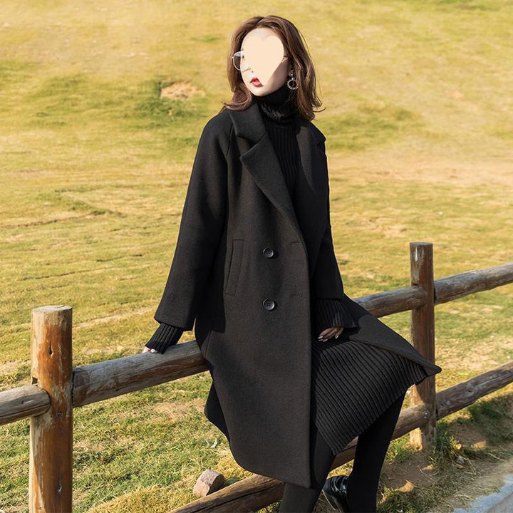 Black Woolen Mid-length Fall Winter Popular Loose-fitting Hepburn Style Woolen Coat-Women's Outerwear 2023-Zishirts