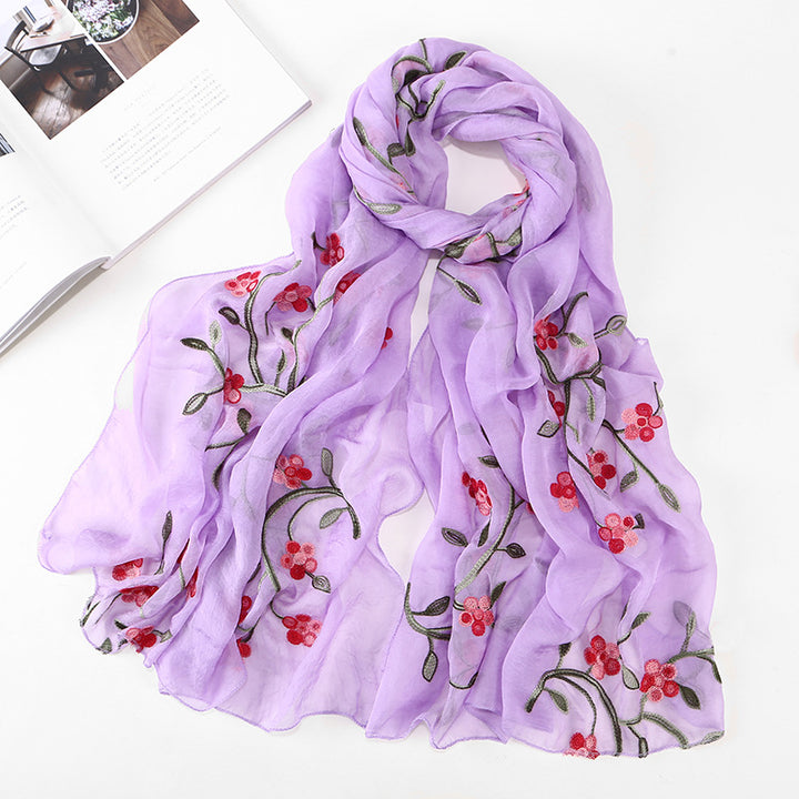 Women's Chiffon Flower Embroidered Silk Scarf Beach Shawl-Scarves & Wraps-Zishirts