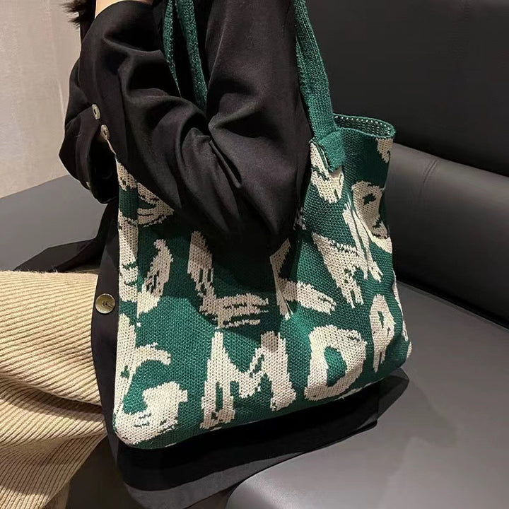 Letter Printed Knit Bag Fashion Shopping Shoulder Bag Large Capacity Handbag-Women's Bags-Zishirts