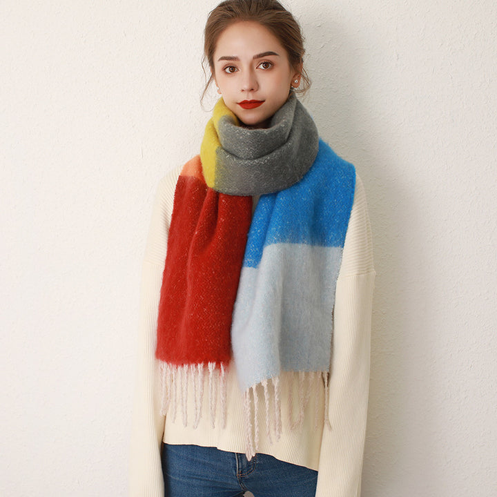 Striped Plaid Fringed Cashmere Mohair Scarf-Scarves & Wraps-Zishirts