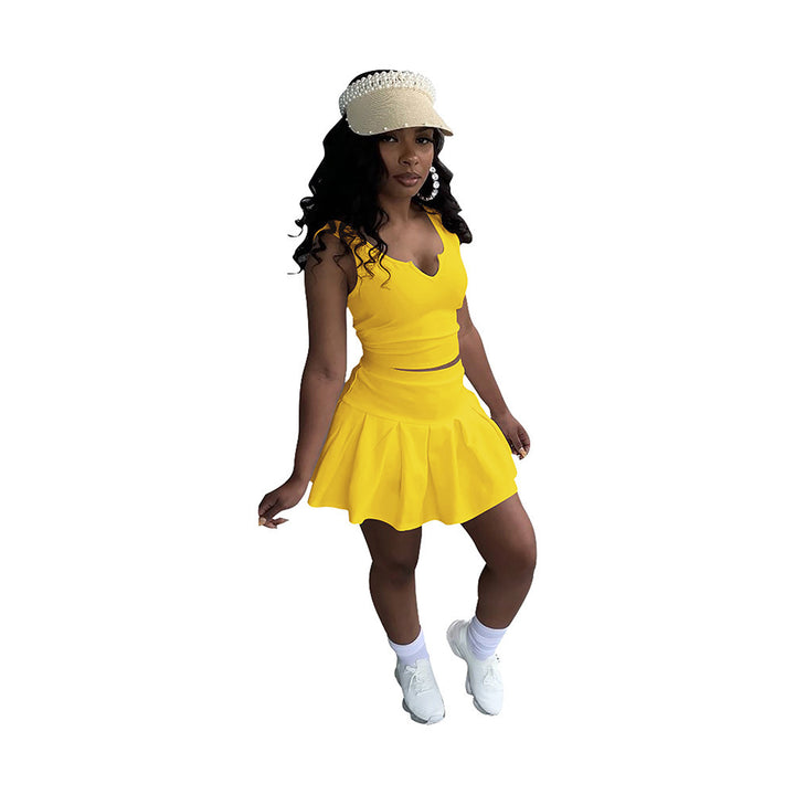 Solid Color And V-neck Sleeveless Pleated Pants Skirt Tennis Skirt Suit-Suits & Sets-Zishirts