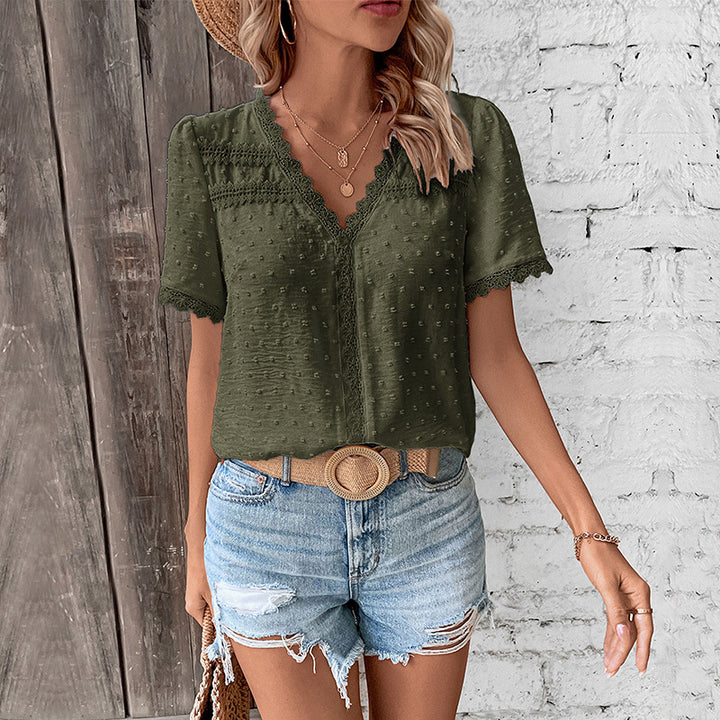 V-neck Solid Color Women's Lace Shirt-Women's Outerwear 2023-Zishirts