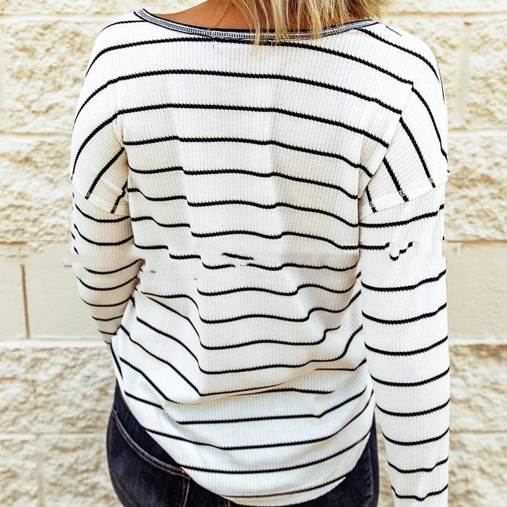 Fashion Knitted Striped Button Long-sleeved Women-Sweaters-Zishirts