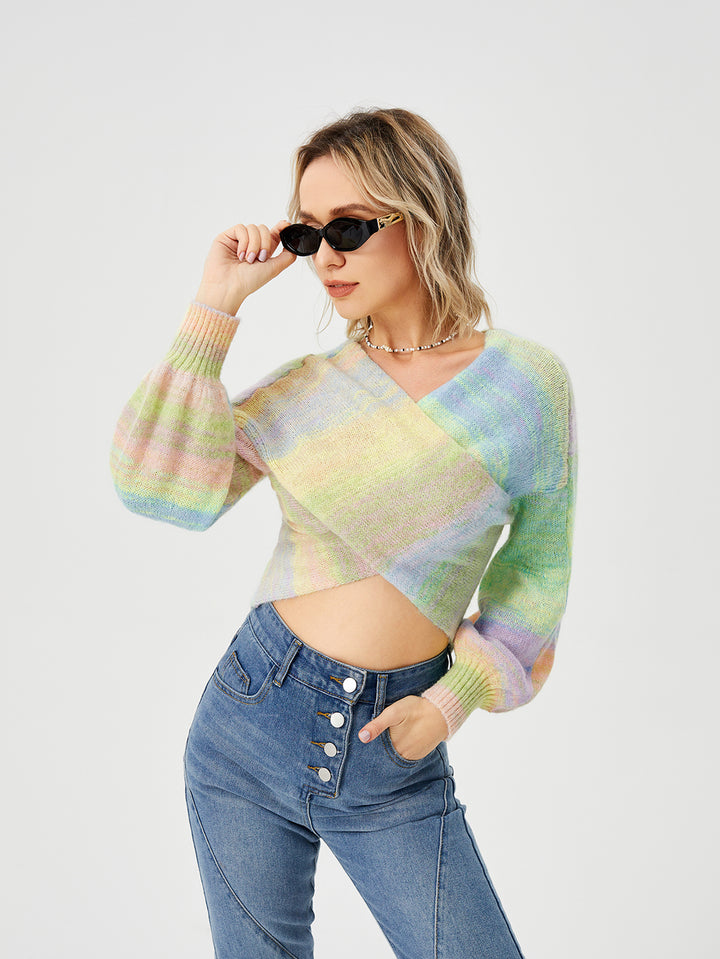 Women's Loose Casual Rainbow Stretch Off Shoulder Sweater-Sweaters-Zishirts