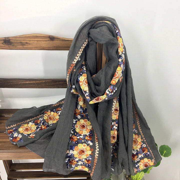 Embroidered Cotton And Linen Scarf Shawl-Scarves & Wraps-Zishirts