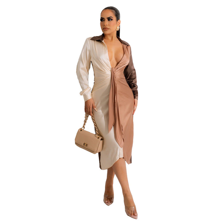 Women's Stitching Strap V-neck Long-sleeve Dress-Lady Dresses-Zishirts