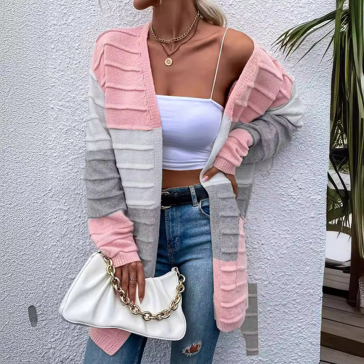 Amazon AliExpress Sweater Women's 2024 Fashion Jacket With Big Pockets Autumn And Winter Long Striped Color Matching Cardigan-Jackets-Zishirts