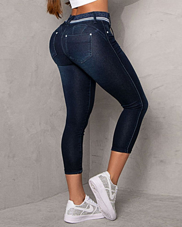 Striped Stitching Drawstring Tight Hip Raise Skinny Denim Ankle-length Pants-Woman Jeans-Zishirts