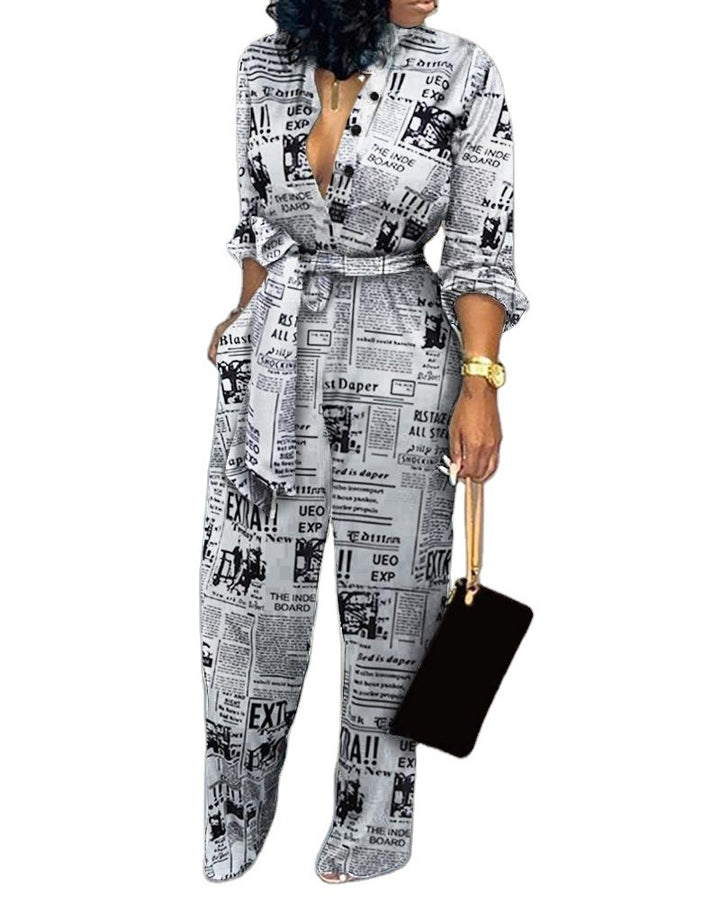 European And American Women's Clothing Elegant Cardigan Stitching Printing Jumpsuit-Suits & Sets-Zishirts