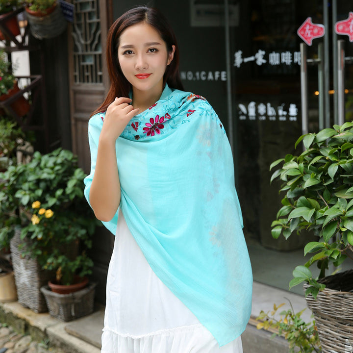 Ethnic Style Embroidered Floral Scarf Shawl Sunscreen Silk Female-Scarves & Wraps-Zishirts