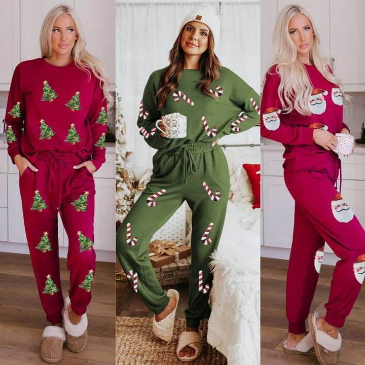 Women's Christmas Sequins Long Sleeve Pants Two-piece Set Fashion Casual Set-Suits & Sets-Zishirts