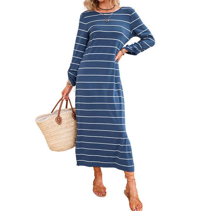 Long Sleeve Striped Printed All-matching Casual Style Pullover Dress-Lady Dresses-Zishirts