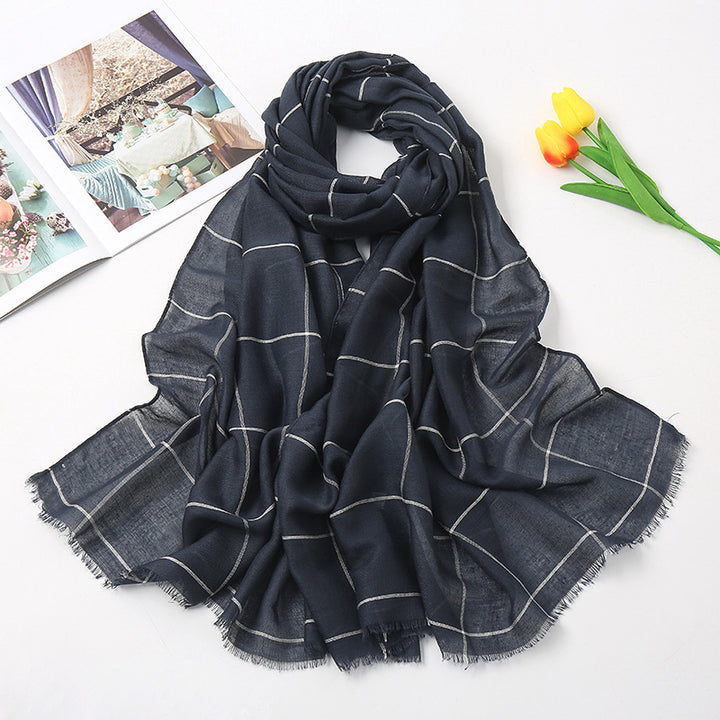 Checked Striped Cotton Linen Scarf-Scarves & Wraps-Zishirts