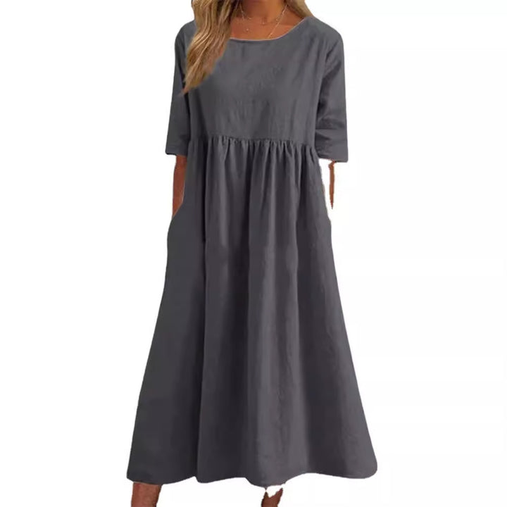 Spring And Summer New Round Neck 5-point Sleeve Plus Size Casual Loose Long Solid Color Cotton And Linen Dress-Womens 2024 March-Zishirts