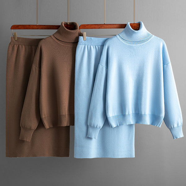 Solid Color Turtleneck Sweater Sheath Skirt Two-piece Set Autumn And Winter-Suits & Sets-Zishirts