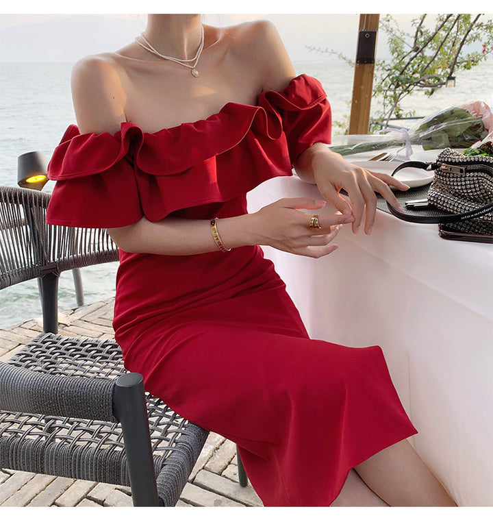 French Style Retro Waist-controlled Red Dress Gentle Slim Fit-Lady Dresses-Zishirts