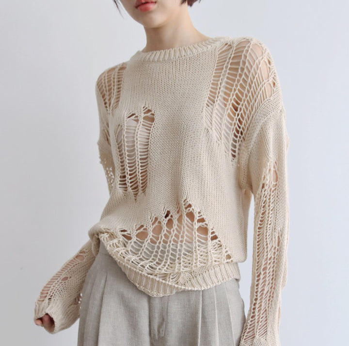 Women's Hollow-out Long-sleeved Knitted Blouse Ripped Sweater-Sweaters-Zishirts