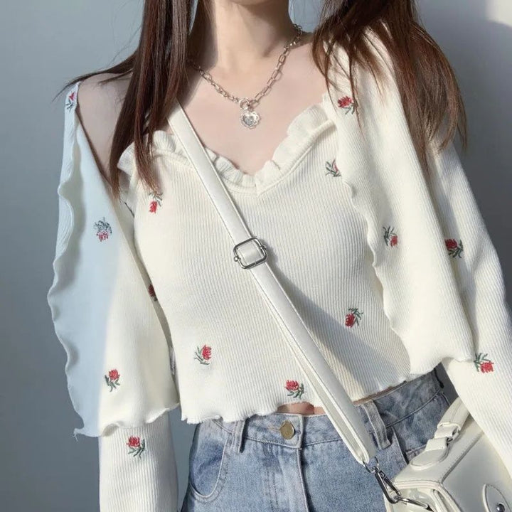 Japanese Soft Sister Embroidery Rose Small Suspender Cardigan Two-piece Set-Sweaters-Zishirts