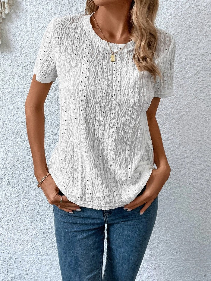 Hollowed Leisure Solid Color Round Neck T-shirt For Women-Blouses & Shirts-Zishirts