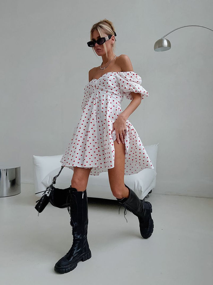 Women's Temperament Leisure Off-neck Printed Puff Sleeve Dress-Lady Dresses-Zishirts