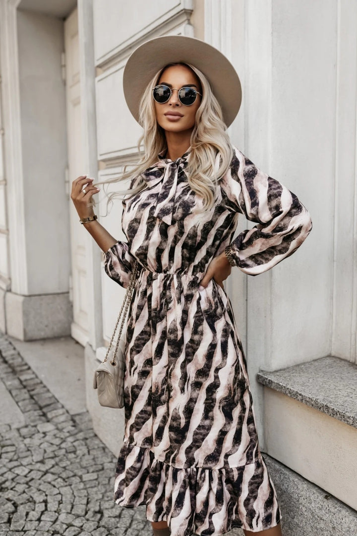 Women's Fashion Bowknot Zebra Print Long Sleeve Dress-Lady Dresses-Zishirts