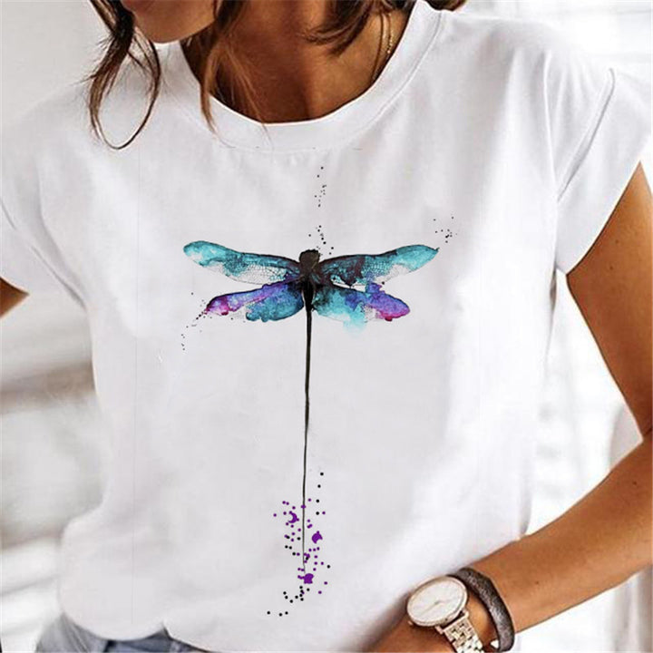 Feather Fashion Print Round Neck Sports Short Sleeve-Womens 2024 March-Zishirts