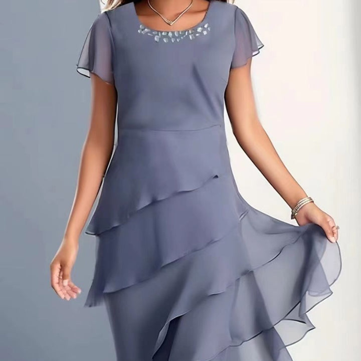 Chiffon Patchwork Round Neck Short Sleeve Dress Women-0-Zishirts