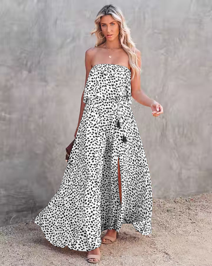 Leopard Print Floral-print Off-shoulder Ruffled Slit Dress-Women's Outerwear 2023-Zishirts