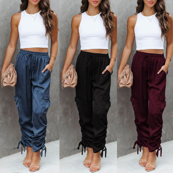 Lace-up Elastic Waist With Pocket Pants Casual Pants-Suits & Sets-Zishirts