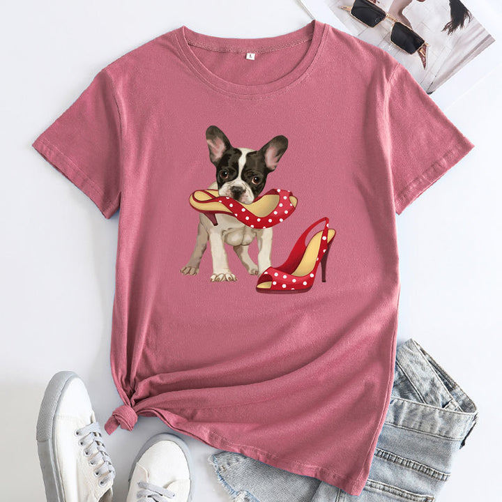 Loose And Cute Dog Print Pure Cotton Round Neck Short Sleeves-Blouses & Shirts-Zishirts