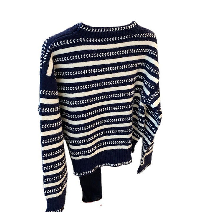 Female Minority Of Cardigan With Oblique Button Striped Sweater-Sweaters-Zishirts