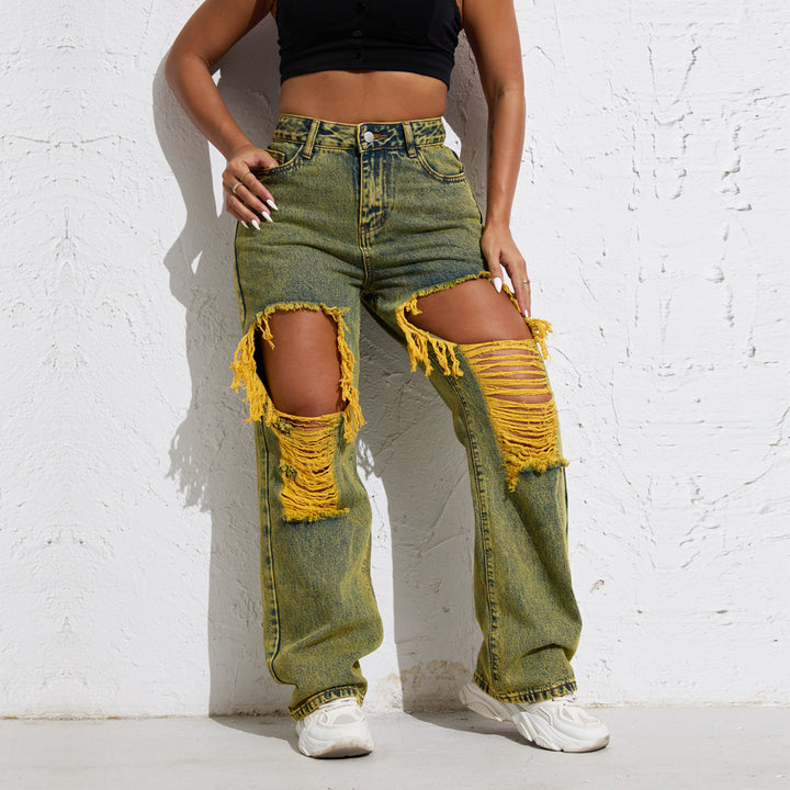 Shascullfites Melody Yellow Wash Streetwear Split Loose Straight Jeans Y2K Ripped Retro Women Denim Pants-Woman Jeans-Zishirts