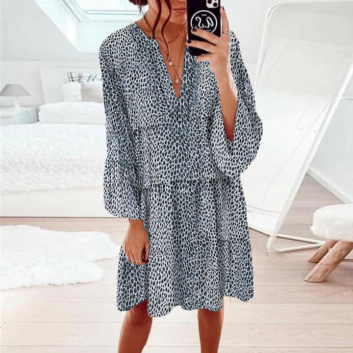 Women's Clothing Leopard Print V-neck Plus Size Loose Long Sleeve Dress-Womens 2024 March-Zishirts