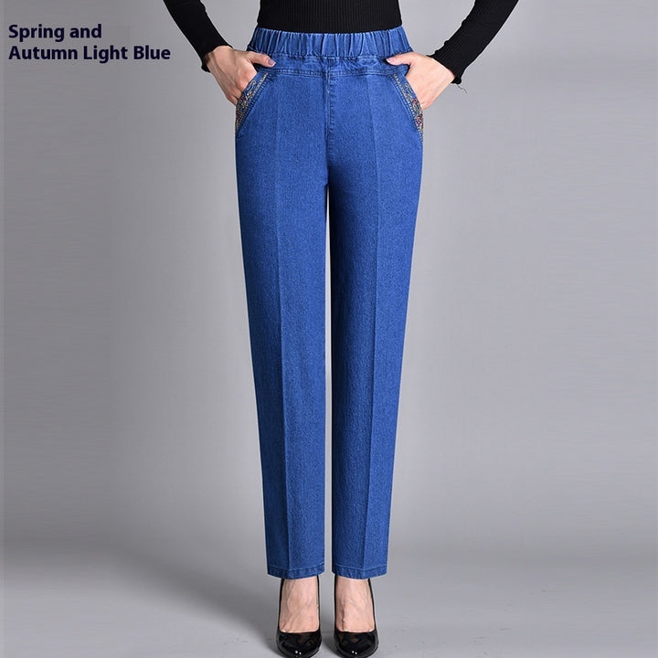 Thin Elastic High Waist Denim Straight-leg Trousers-Woman Jeans-Zishirts