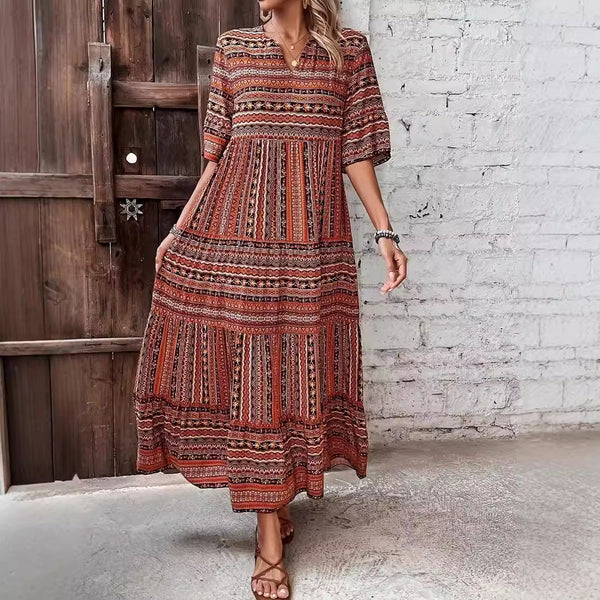 Retro Loose Mixed Color Half Sleeve Dress-Lady Dresses-Zishirts