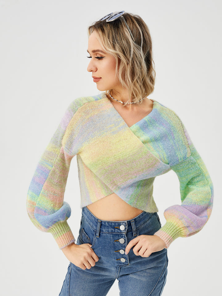 Women's Loose Casual Rainbow Stretch Off Shoulder Sweater-Sweaters-Zishirts