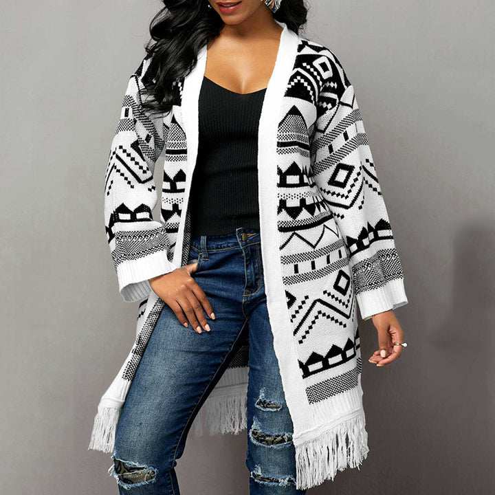 Ladies Tassel Hem Jacquard Cardigan Sweater-Women's Outerwear 2023-Zishirts