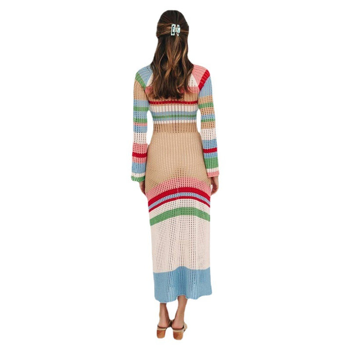 New Striped Colored Pullover Knitted Beach Bikini Blouse Long Dress-Suits & Sets-Zishirts