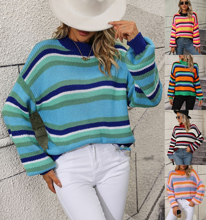 Women's Loose Round Neck Striped Sweater-Sweaters-Zishirts