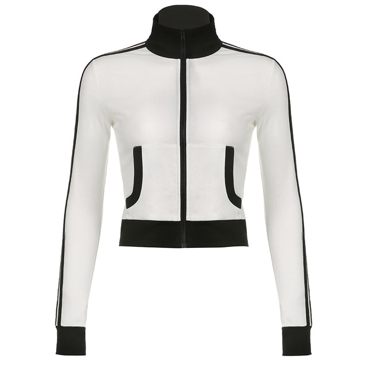 Women's Zipped Stand Collar Black And White Long-sleeved Top-Blouses & Shirts-Zishirts