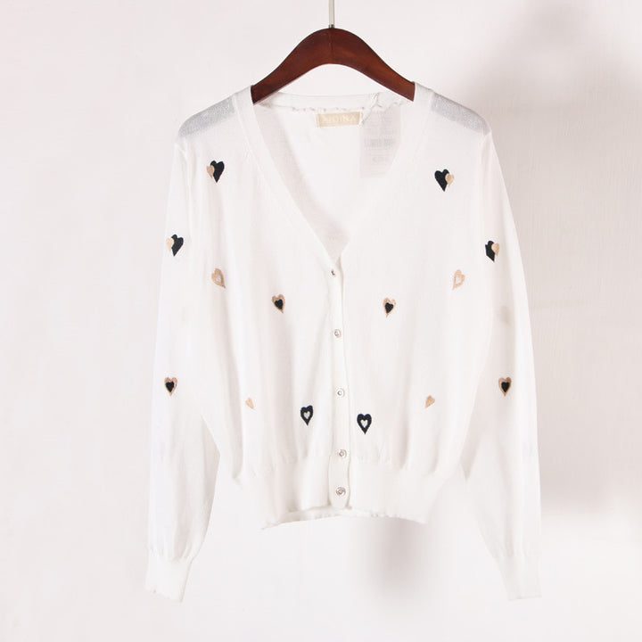 New Embroidered V-neck Ice Silk Knitted Cardigan Women's Coat-Sweaters-Zishirts