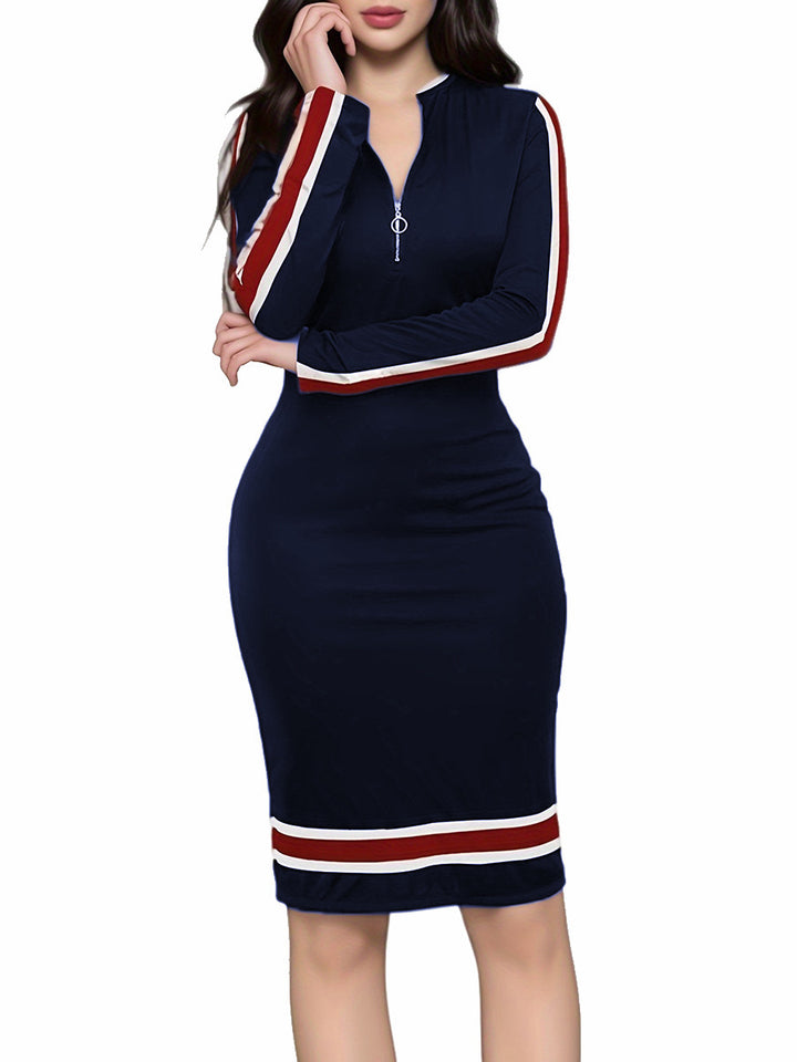 European And American Long Sleeve Zipper Casual Dress Women-Lady Dresses-Zishirts