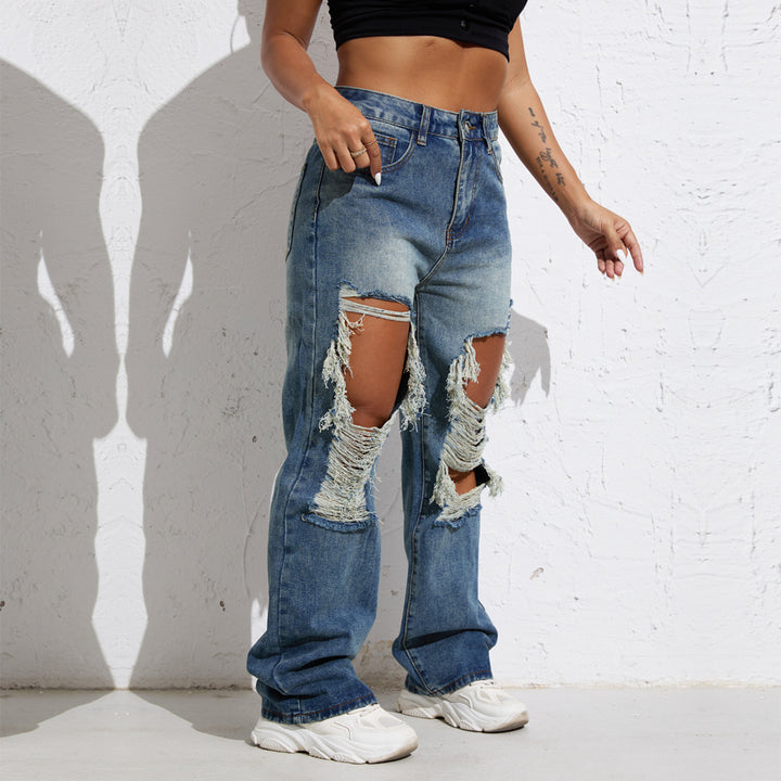 Shascullfites Melody Blue Wash Ripped Retro Stright Leg Jeans Women's Pants Denim Pants Jeans Wide Streetwear-Woman Jeans-Zishirts