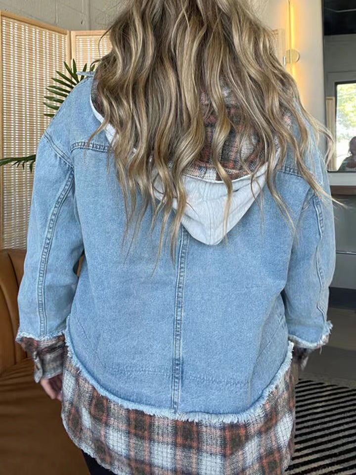 Women's Fashion Casual Denim Plaid Coat-Jackets-Zishirts