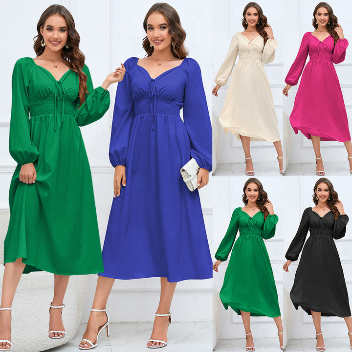 Women's Elegant V-neck Slim-fit Long Sleeve Dress-Lady Dresses-Zishirts